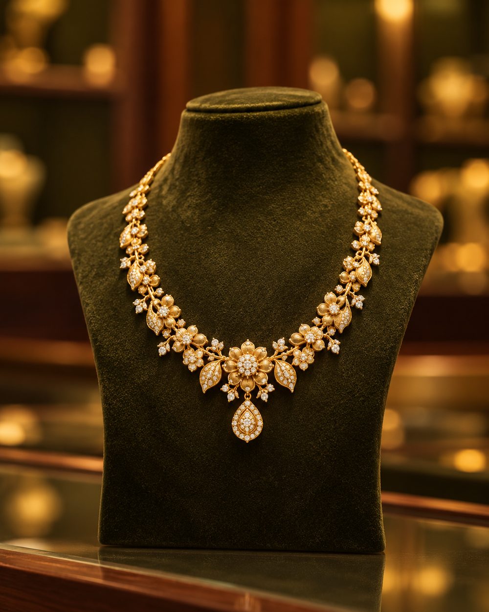 Gold floral bridal necklace with diamond accents on an olive velvet display in a warmly lit showroom